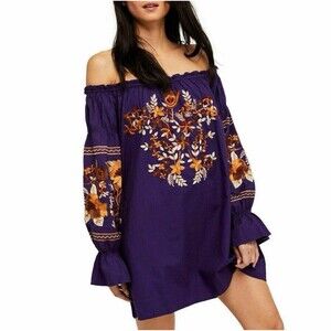 Free People Dress S Purple Fleur Du Jour Mini Off Shoulder Floral Embroidered